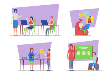 Group of individuals engaged in various educational tasks, collaborating at computers, presenting ideas, and exploring innovative projects. Interactive learning, skills and teamwork concept