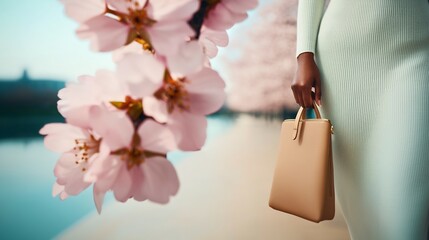 Woman carrying bag amid cherry blossoms by water