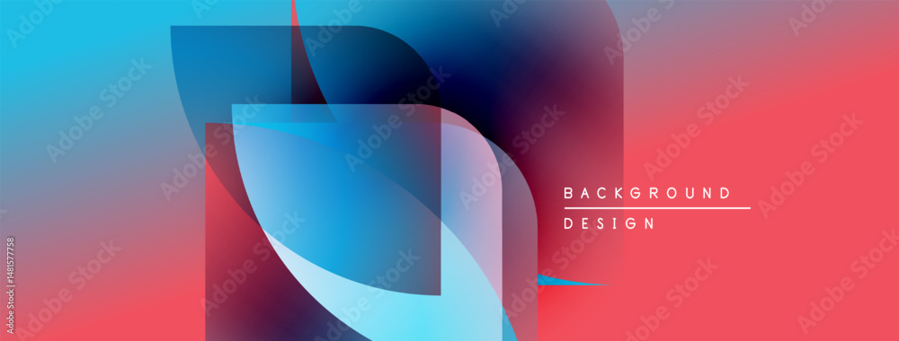 Poster Abstract gradient shapes overlap. Blue, pink hues blend smoothly. Text reads background design in upper right corner. Modern visual style.