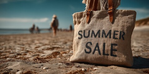 Seaside Summer Sale: A sunny beach scene showcases a canvas tote bag bearing the words "SUMMER SALE," inviting shoppers to enjoy the season's deals.