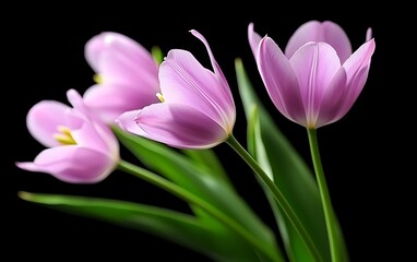 Fototapeta premium Elegant light purple tulips on black background