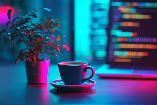 Colorful Digital Workspace for Web Design Featuring Code, Laptop, Cup of Coffee, Plant, and Graphic Elements in Neon Colors