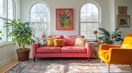 A bright living room with a pink sofa, cheerful orange armchair, abstract art, and potted plants. Sunlight streams through arched windows, highlighting a patterned area rug.