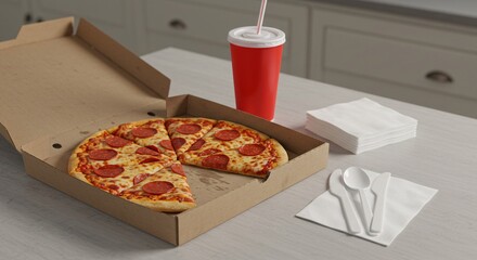 Pepperoni pizza with soda and cutlery on a wooden table