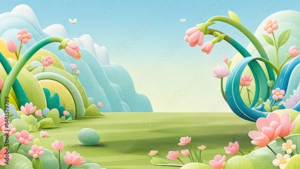 Aufkleber 緑の丘とピンクの花が咲くパステルカラーのイラスト背景 静かな空と穏やかな風景の中のファンタジーの庭園