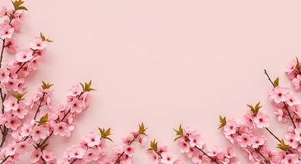 Fototapeta premium Delicate Pink Cherry Blossoms: Spring Floral Frame on Soft Pastel Background - Perfect for Gentle Designs 🌸 