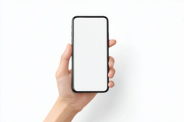 Hand presents a sleek smartphone mockup surrounded by a clean, bright white background, emphasizing modern design and digital innovation