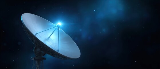 Satellite dish capturing signals in space, illuminated by a bright star against a dark cosmic background.