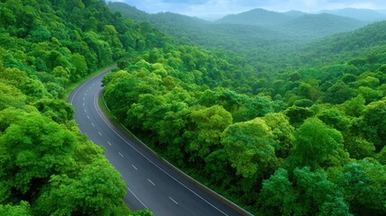 A winding road traverses a lush green forest landscape, surrounded by mountains and distant hills under a cloudy sky.