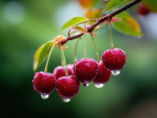 Close up of ripe cherries hanging from branch with water droplets, fresh and vibrant, in natural outdoor setting, showing detailed texture and color, evoking freshness and nature beauty