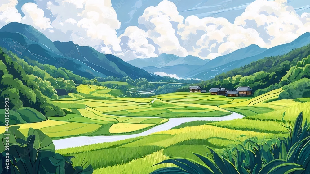 Aufkleber 緑豊かな田園風景と山々が広がる日本の風景 ピクセルアート スタイル 青い空と白い雲が背景の穏やかな川が流れる田園風景