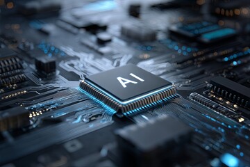 Technology Concept with AI Chip on Futuristic Circuit Board Representing Intelligence and Innovation in Digital Era
