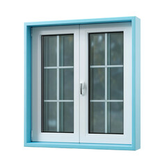 A window with a vibrant, light blue frame, set against a neutral backdrop. The window features a classic grid design, adding a touch of elegance to the clean, simple aesthetic.