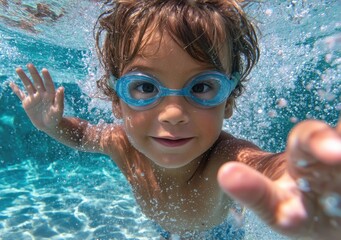 Naklejka premium a child wearing goggles and swimming in the pool, reaching out to touch something underwater