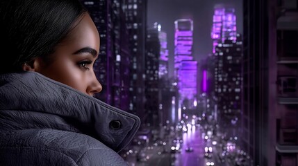 Woman gazing at a vibrant, neon-lit city at night from a high vantage point.  Dark, futuristic cityscape