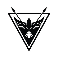 Black and white vector illustration of a symbol featuring a bird inside a triangle with crossed arrows