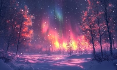 Fototapeta premium Aurora casting vibrant hues across a serene snow-covered field dotted with softly glowing trees, Generative AI