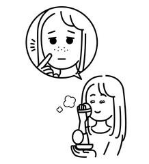 気になる毛穴を化粧で隠す女性のイラスト　線画のみ