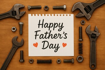A heartwarming happy father's day greeting with wrench bolts and nuts arranged on a wooden surface.