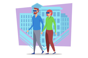 Two individuals walking hand in hand, wearing virtual reality headsets. Couple engaged with digital environment while being set against abstract city background