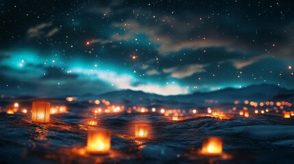 Aurora shimmering above a quiet frozen tundra dotted with glowing lanterns under a starry sky, Generative AI