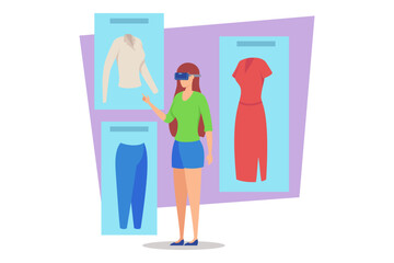 Woman interacting with virtual clothing displays in modern retail environment. Girl examining various outfits while wearing augmented reality goggles in vibrant and engaging setting