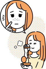 気になる毛穴を化粧で隠す女性のイラスト