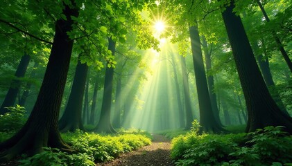 Fototapeta premium Sun-dappled forest canopy, lush green foliage, leaf, botanical