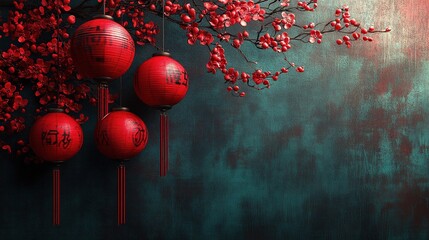 Fototapeta premium Traditional Chinese New Year festive composition featuring bright red lantern elements on a dark textured background, symbolizing prosperity, good luck and celebration of the Lunar New Year holiday.