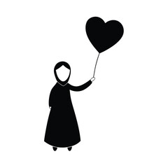 Silhouette of a woman holding a black heart shaped balloon symbolic of love and affection in simple flat design