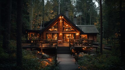 A cozy and illuminated log cabin nestled within a forested landscape
