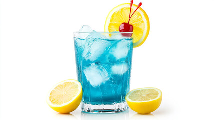 Icy Blue Lagoon cocktail with lemon and cherry. A vibrant and refreshing blue curacao drink.