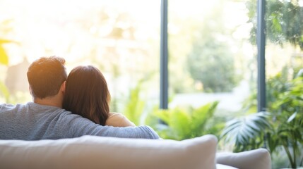 Couple relaxing on couch enjoying green view: home comfort and sunlight 