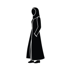 Simple black and white silhouette of a woman wearing traditional islamic abaya dress in a minimalist artistic style.