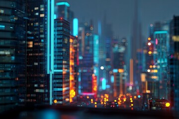 Obraz premium Futuristic Urban Landscape at Dusk with Vibrant Neon Lights and Fiber Optic Effects in a Modern Cityscape