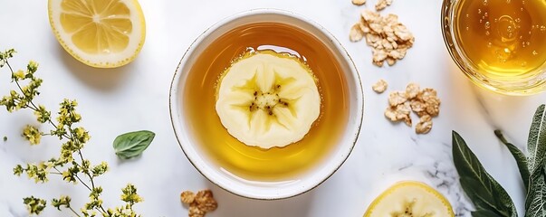 Apple tea, honey, lemon, oats. Healthy drink