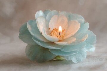 Softly lit candle nestled in a pale blue flower.