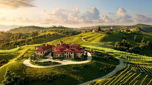 A traditional vineyard estate surrounded by rolling green hills