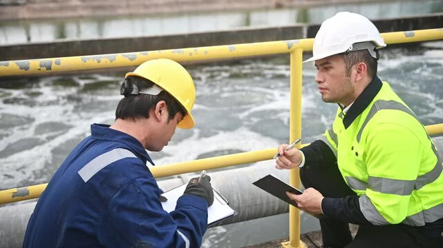 An engineer and a technician are working together to check the operation of the water treatment system of a water treatment pond.