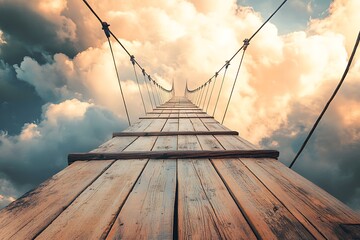 Obraz premium Low angle view wooden bridge disappearing in cloudy skies with suspension cable