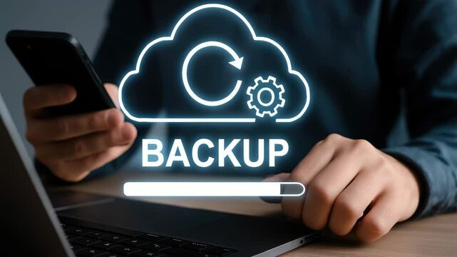A person using a smartphone to initiate a cloud backup on a laptop.