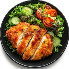 Savoring crispy chicken cutlet and fresh salad on a sleek black plate against a bright white backdrop