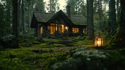 A cozy cottage nestled amongst trees with glowing windows