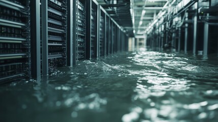 Flooded data center catastrophe: server room underwater showing damage it infrastructure failure and business disruption disaster recovery backup and cybersecurity risks 