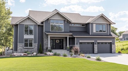 A modern two-story house with a mix of gray siding and stone accents, large windows, a porch, and double garage. The lawn is framed by decorative shrubs and trees. The sky is clear with a few clouds.