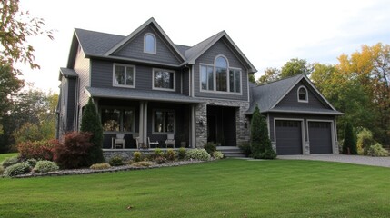 A modern two-story house with a mix of gray siding and stone accents, large windows, a porch, and double garage. The lawn is framed by decorative shrubs and trees. The sky is clear with a few clouds.