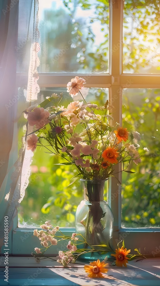 Aufkleber 窓辺に飾られた色とりどりの花束 光が差し込む室内 美しい静物写真