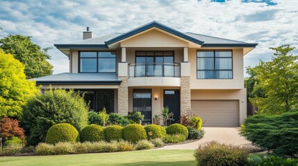 A modern two-story house with beige stone design, large windows, and a prominent balcony. The front garden includes low shrubs and small lights, giving the home a polished, contemporary look.