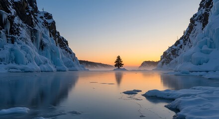 Icy lake with lone tree view