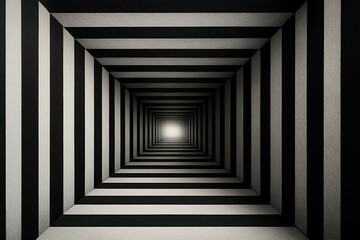 Perspective abstract tunnel with a repeating pattern of black and white stripes leading to a bright light.